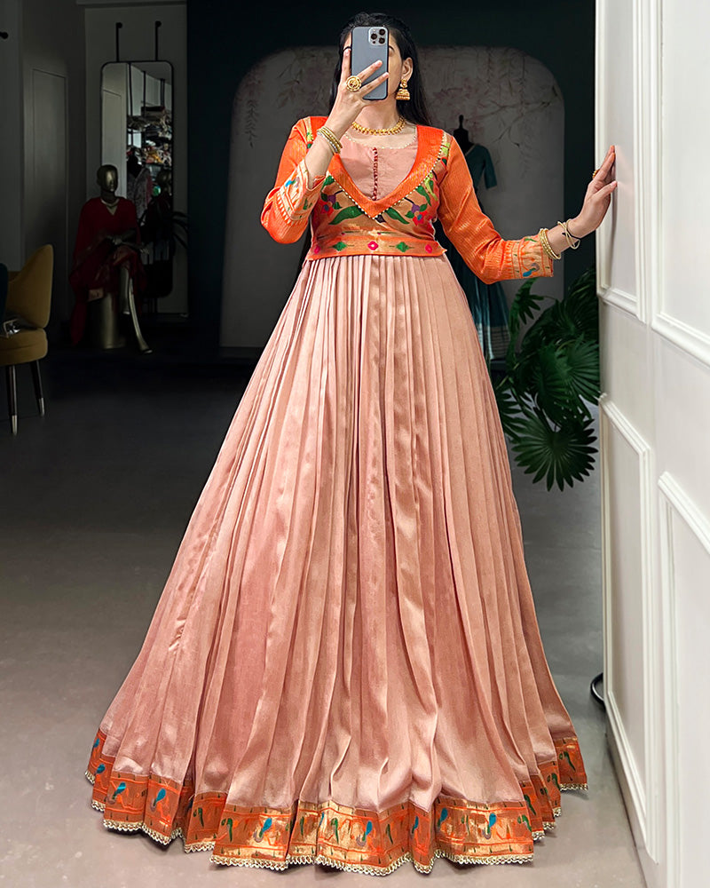 Peach Color Vichitra Silk Zari Weaving Gown