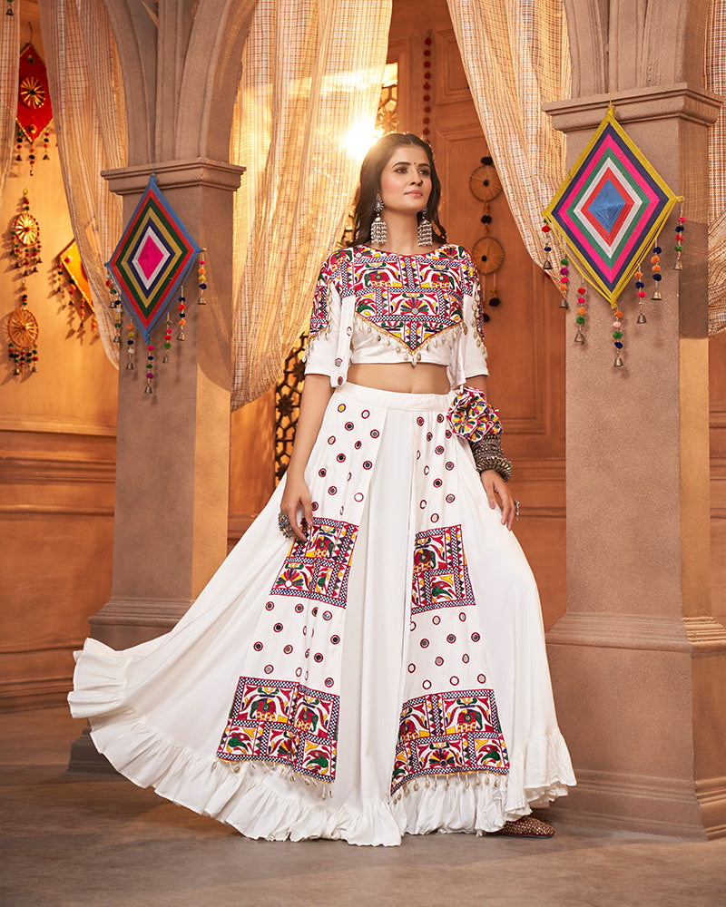 White Color Viscose Rayon Threaded Fully Stitched Navratri Lehenga Choli
