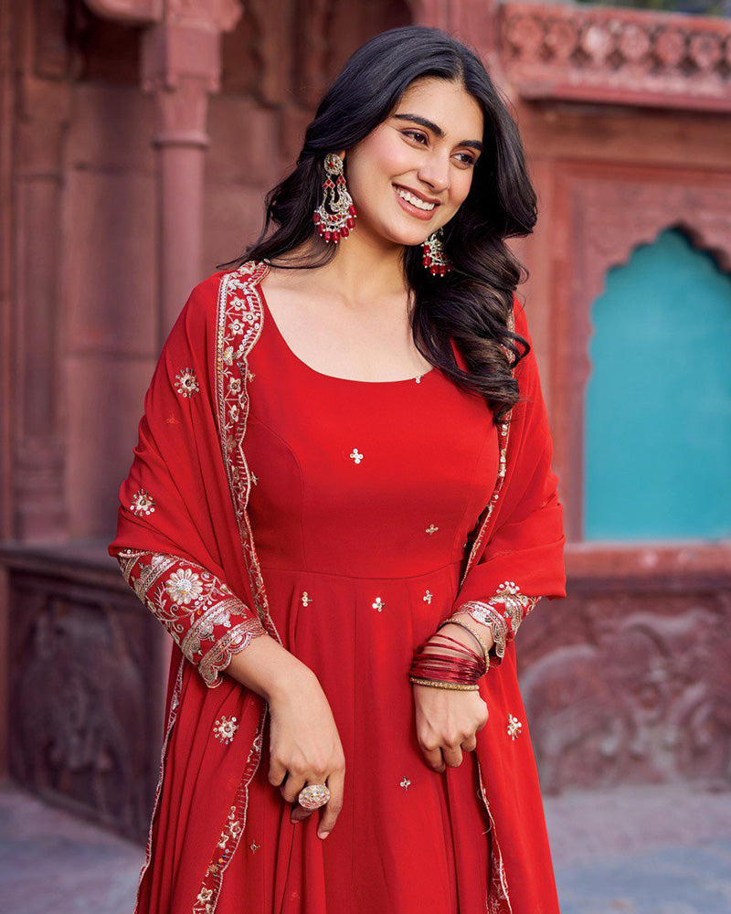 Ethnic Red Color Georgette Sequence Embroidered Gown