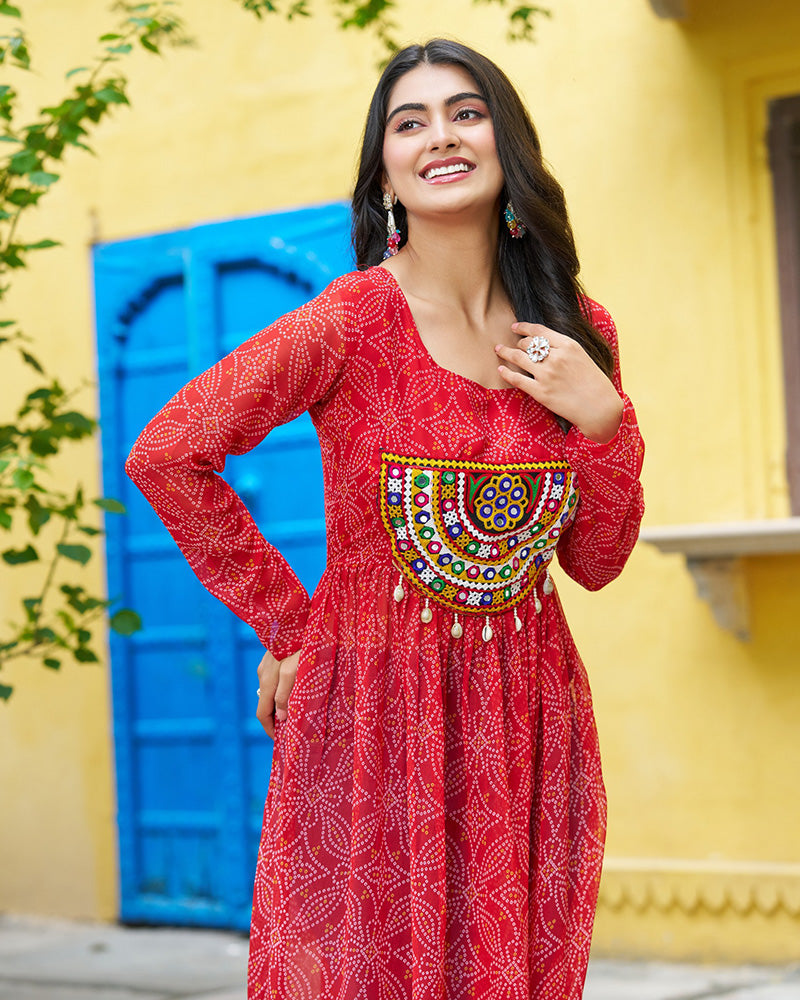 Festive Red Georgette Printed Kurti With Gamthi Patchwork