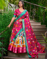 White Color Dola Silk Designer Kalamkari Print Half Saree