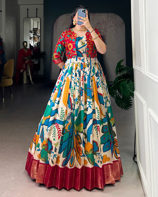 Off-White Color Tasar Silk Printed Gown With Koti