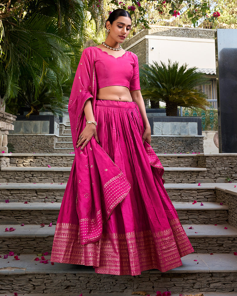 Pink Color Pure Chanderi Plain Navratri Lehenga Choli