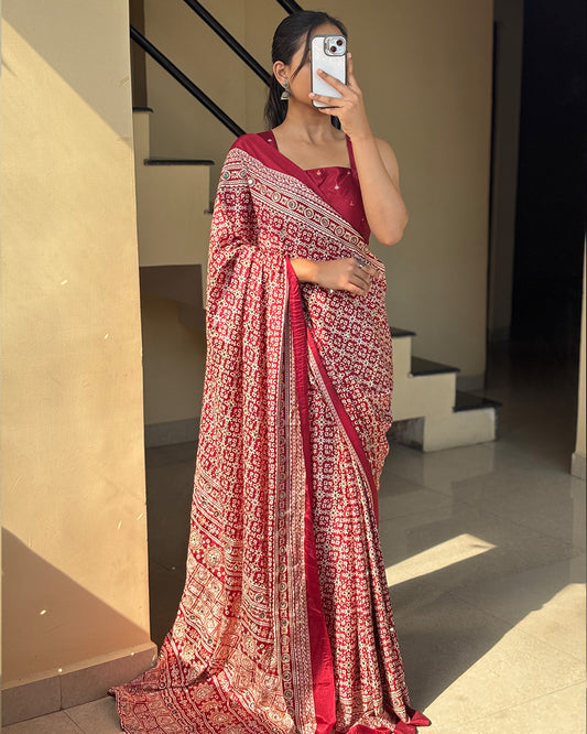 Maroon Color Pure Crape Silk Ajarakh Print Saree