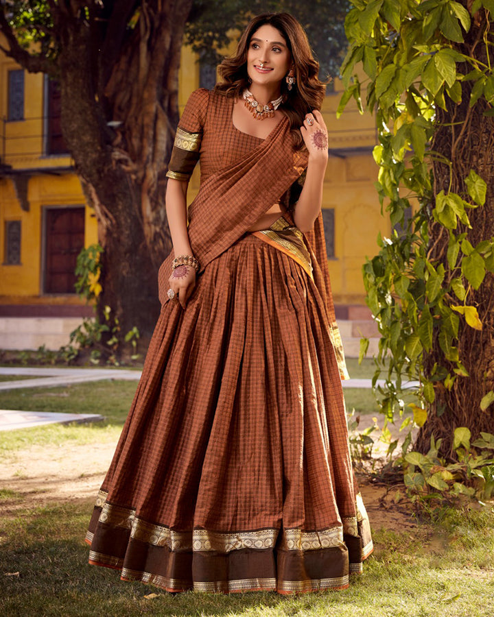 Rust Orange Color Chettinad Cotton Half Saree