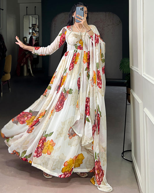 White Color All Over Floral Printed Chiffon Gown