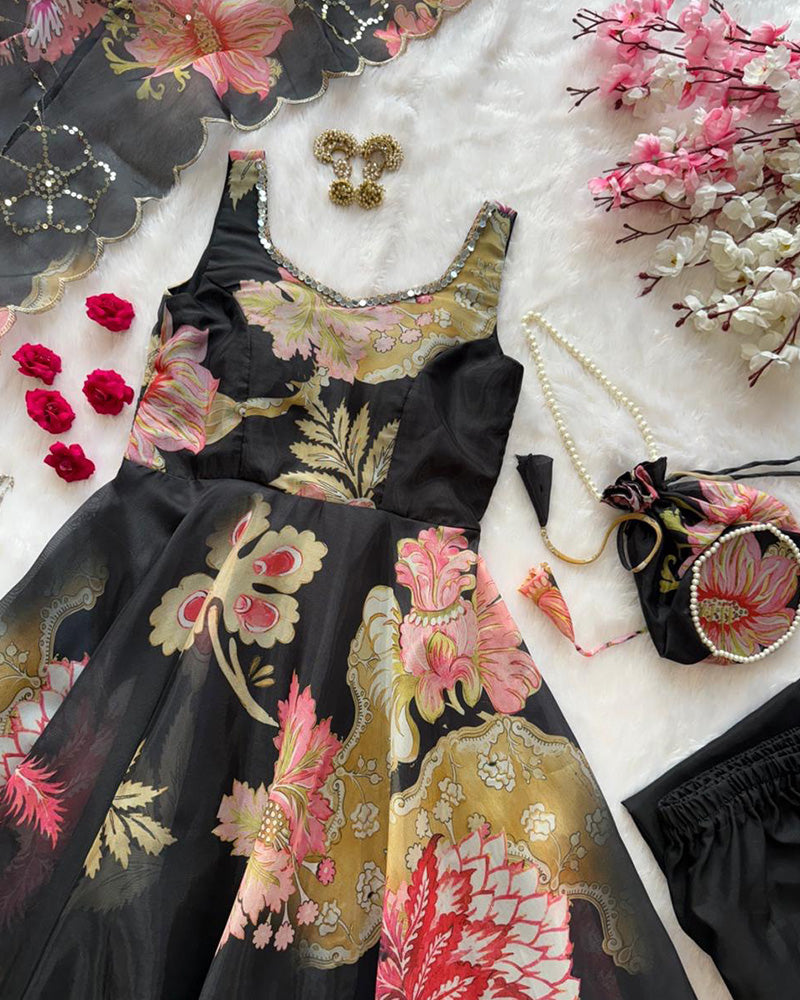 Black Color Digital Printed Soft Organza Anarkali Suit