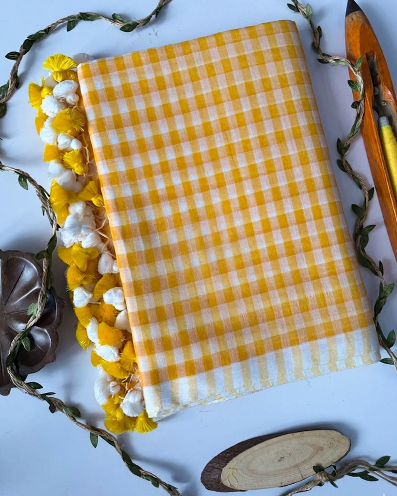 Yellow Color Pure Mal Cotton Chex Printed Saree