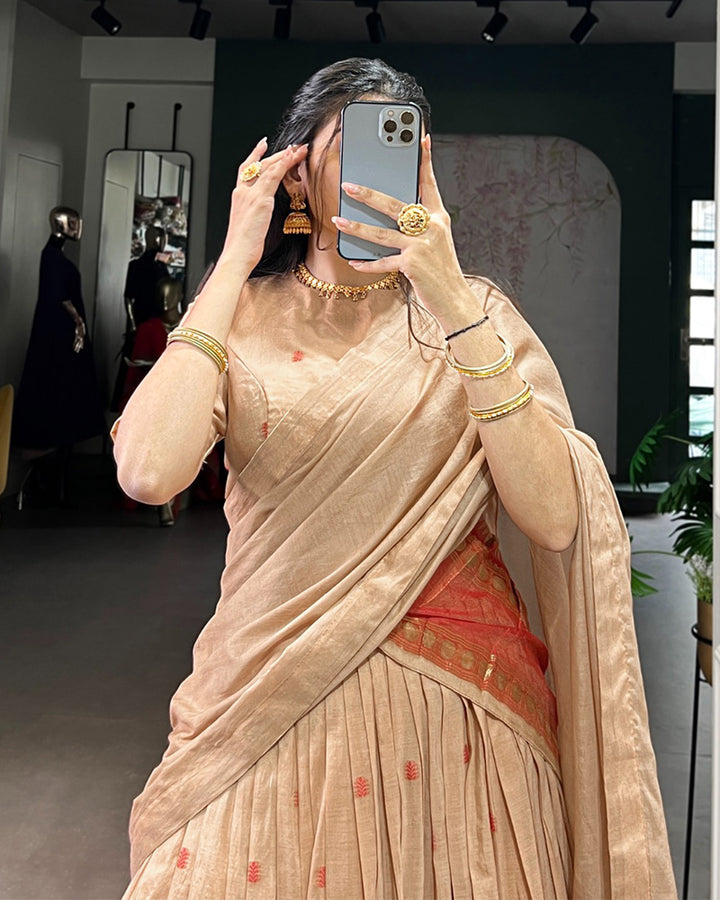 Elegant Cream Pure Chanderi Half Saree With Zari Weaving