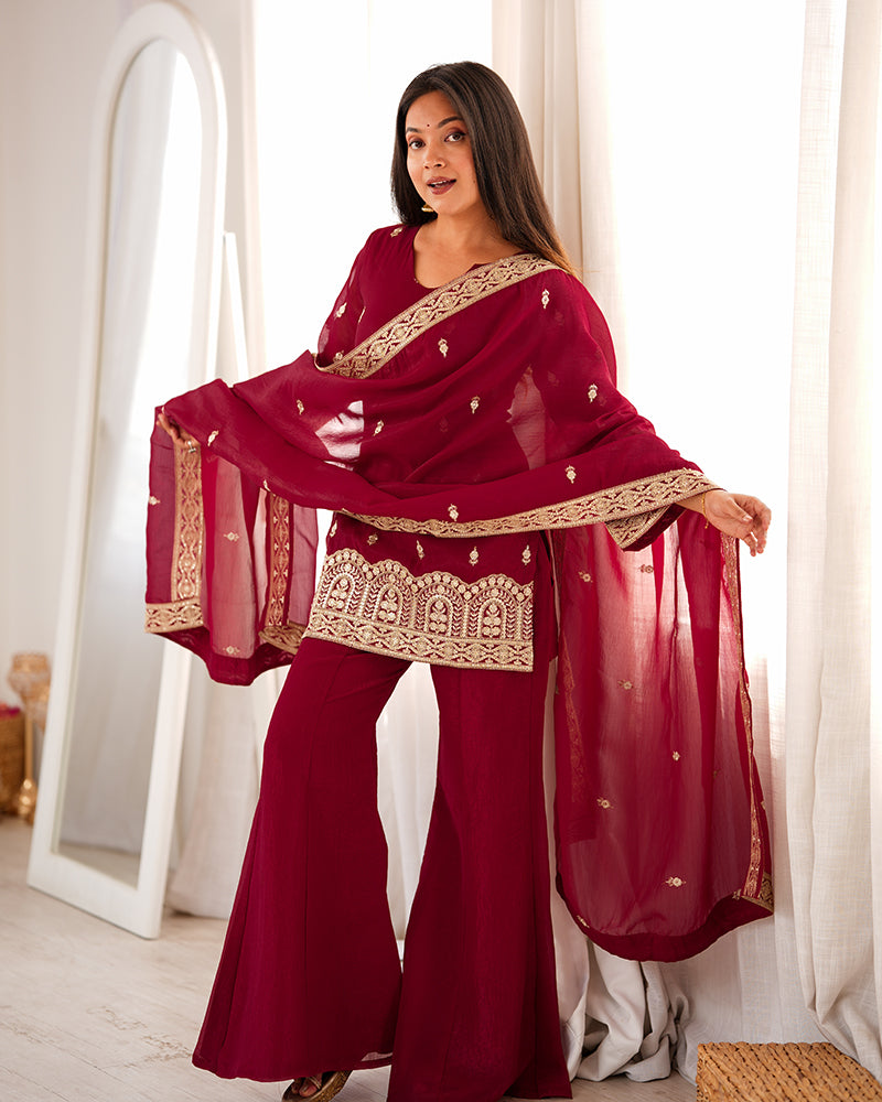 Maroon  Color Crunchy Silk Embroidered Plazzo Suit