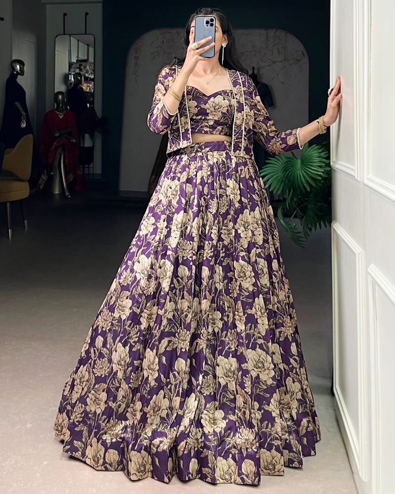 Violet Color Tussar Silk Lehenga Choli With Koti