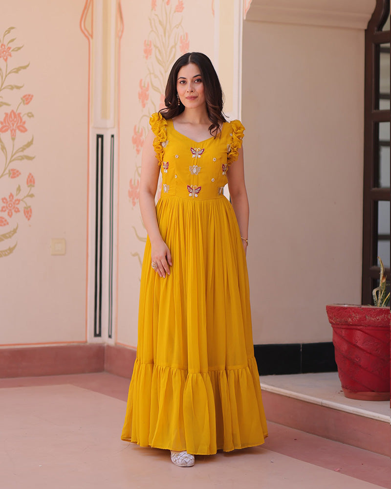 Yellow Color Faux Blooming Embroidered work Gown