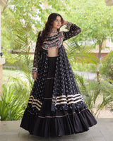 Black Color Bandhani Printed Kurti With Kora Cotton Lehenga Choli