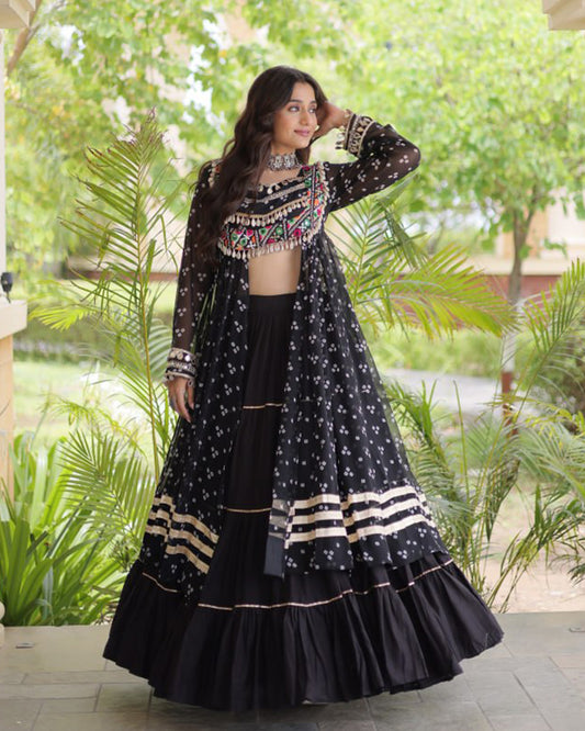 Black Color Bandhani Printed Kurti With Kora Cotton Lehenga Choli