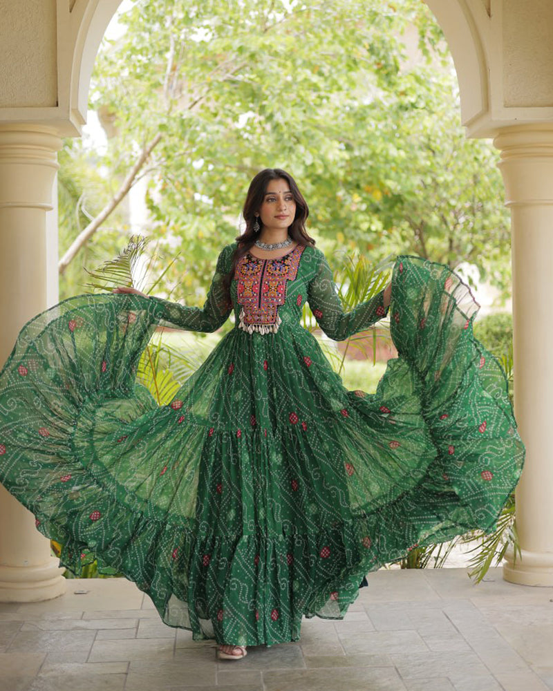 Green Color Bandhani Print Faux Georgette Navratri Gown