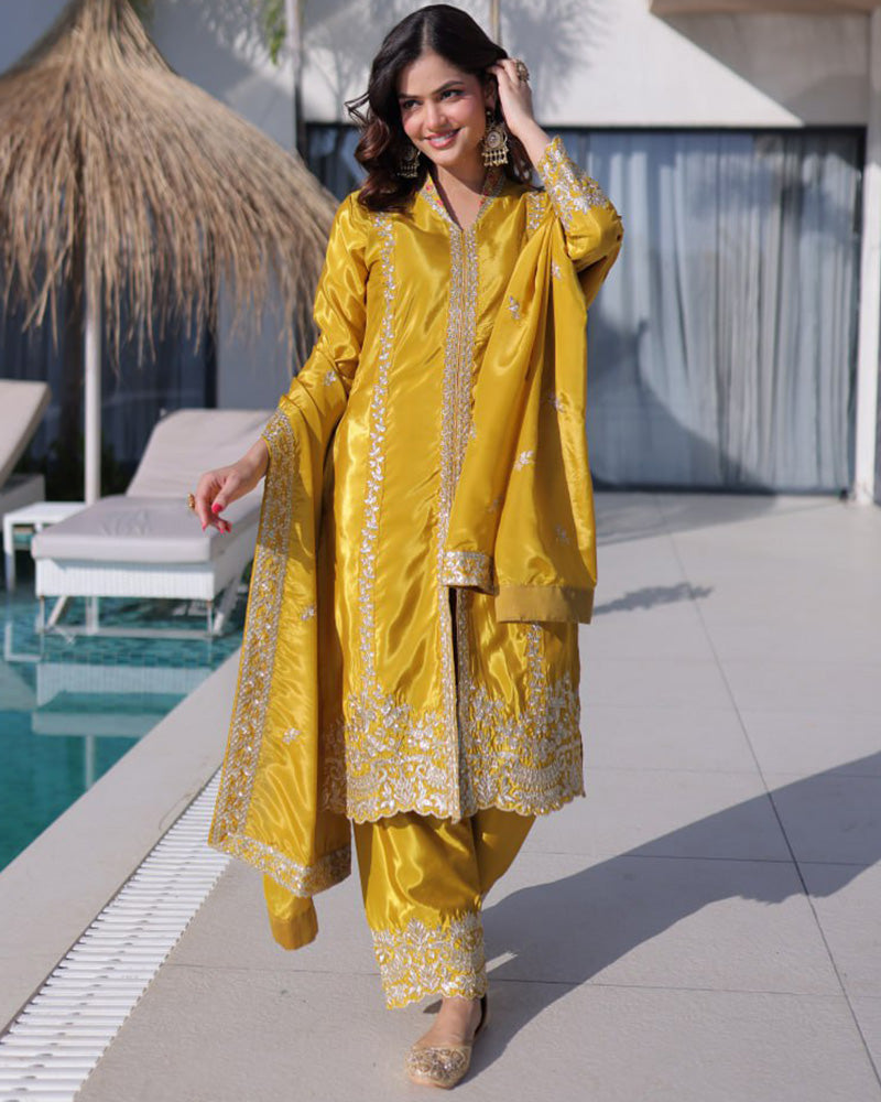 Yellow Color Ho Silk Embroidered Kurti Suit