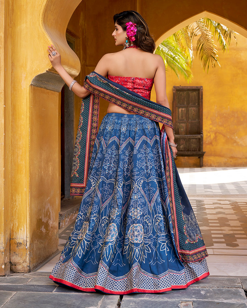 Blue Color Vichitra Silk Printed And Embroidered Lehenga Choli