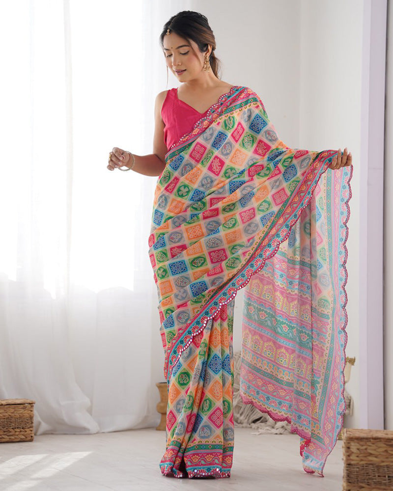 Multi Pink Color Chinnon Silk Saree