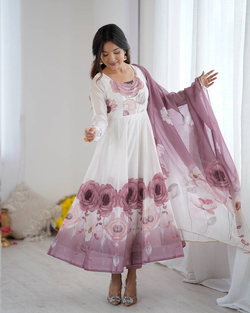 Onion Pink Color Floral Pure Soft Tebby Organza Three Piece Anarkali Suit