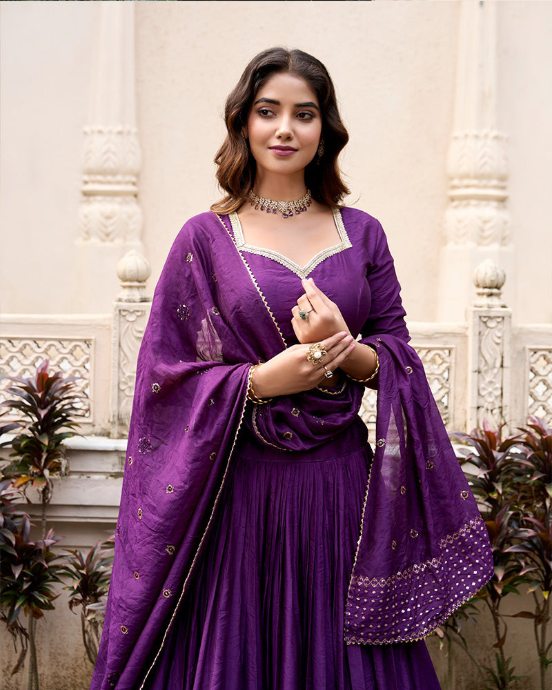 Dark Purple Color Pure Chanderi Plain Navratri Half Saree