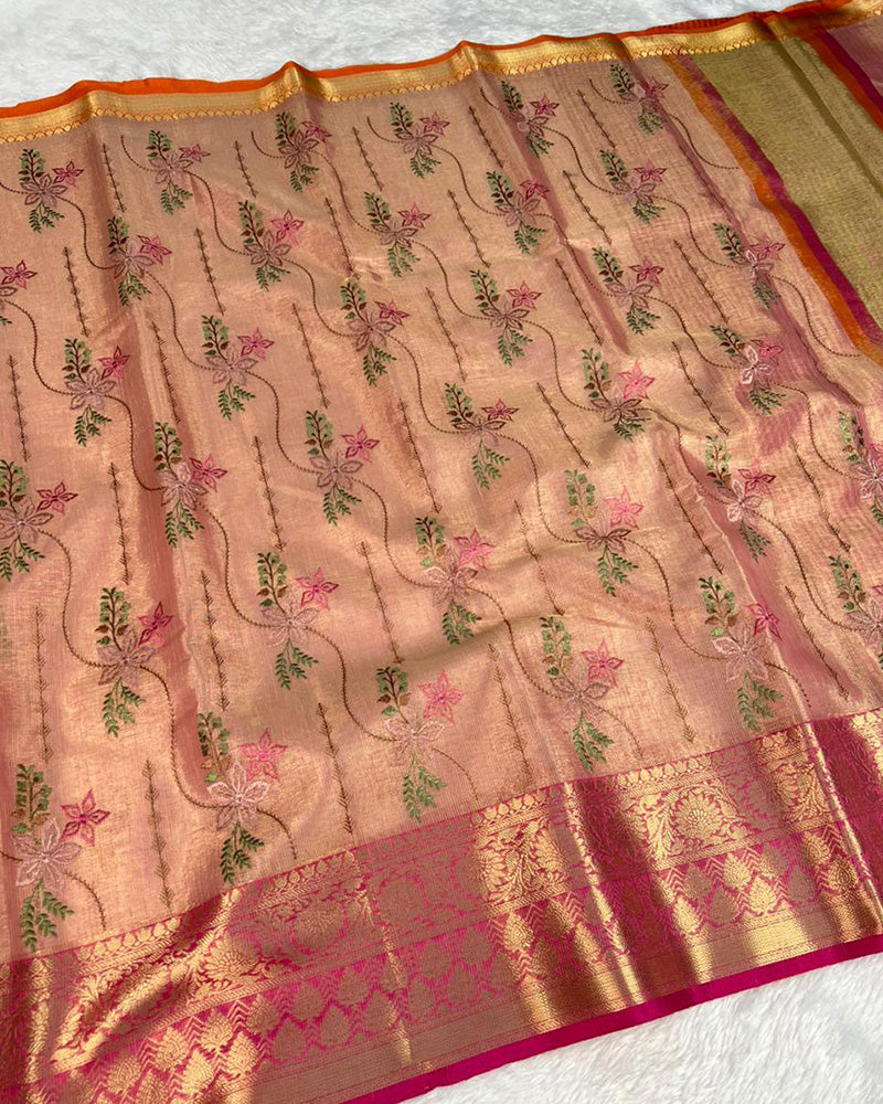 Baby Pink Color Tissue Silk Floral Embroidered Saree