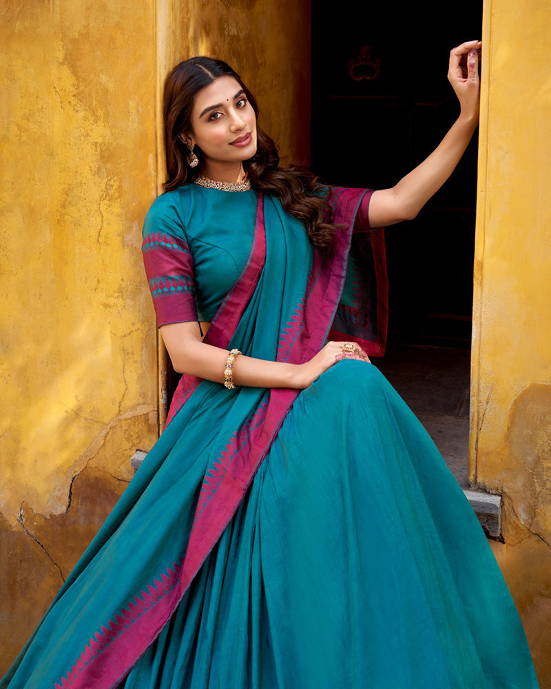 Teal Green Color Pure Chanderi Threaded Half Saree