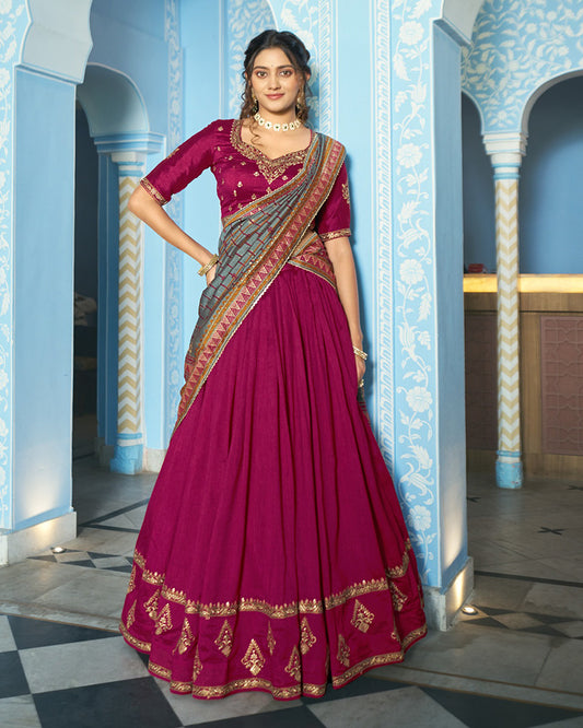 Elegant Rani Pink Embroidered Vichitra Silk Lehenga Choli