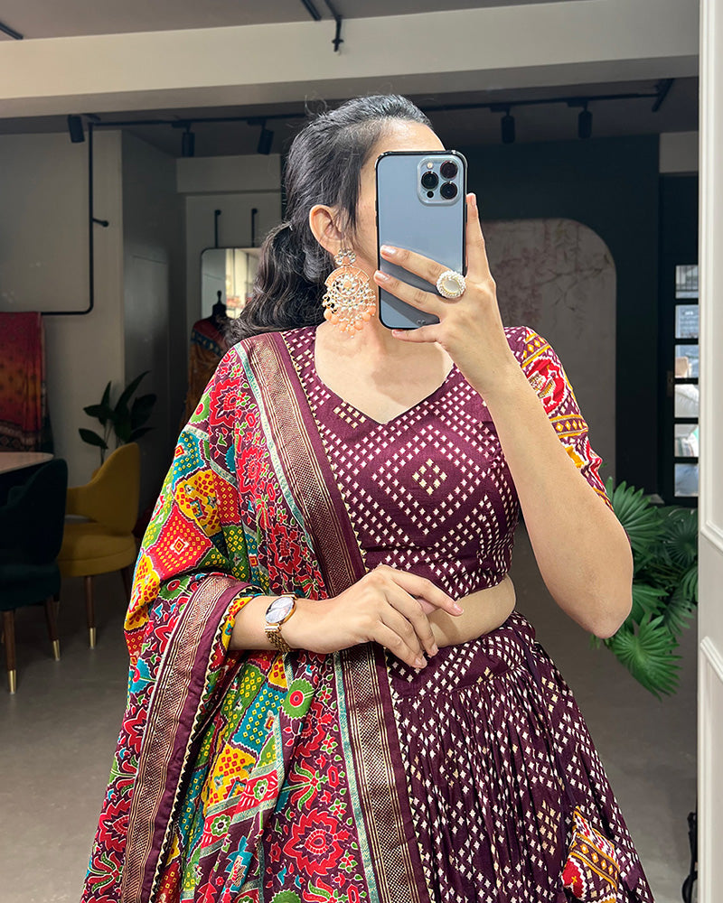 Wine Color Tussar Silk Bandhej And Patola Printed Navratri Lehenga Choli