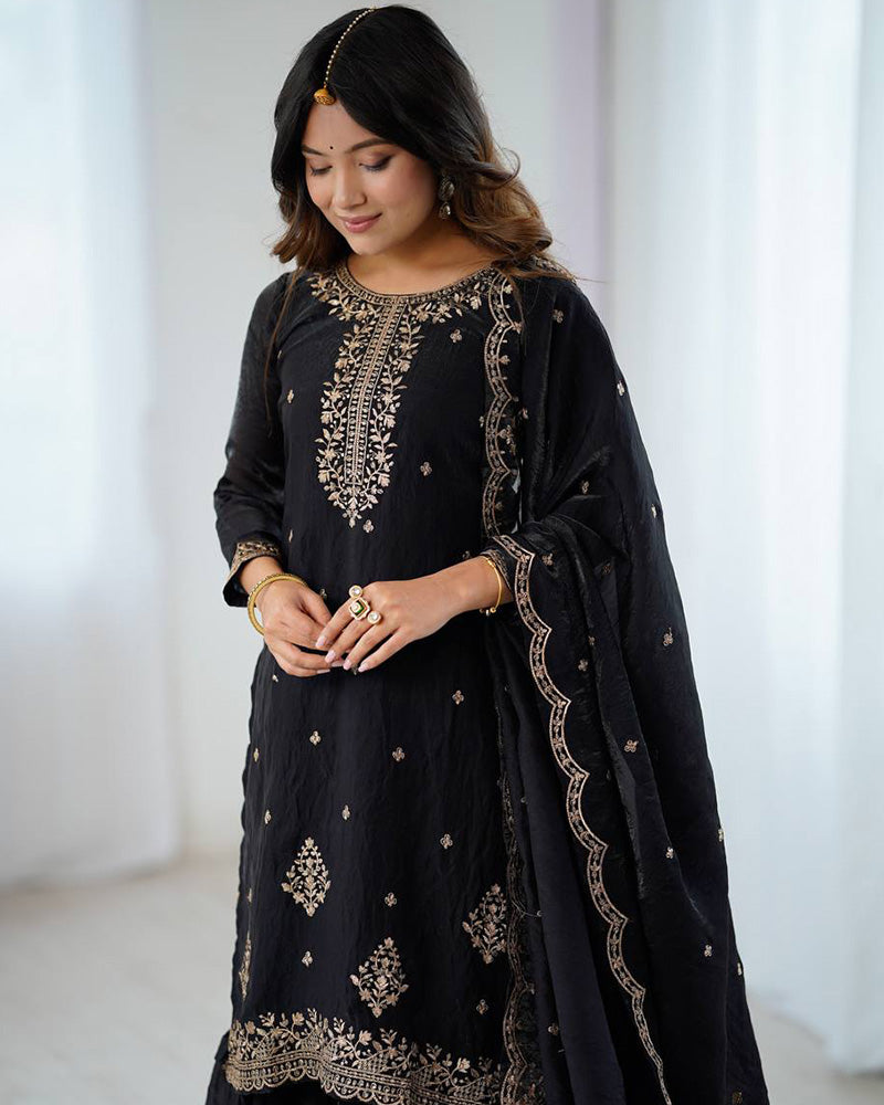 Black Color Crunchy Silk Sharara Suit