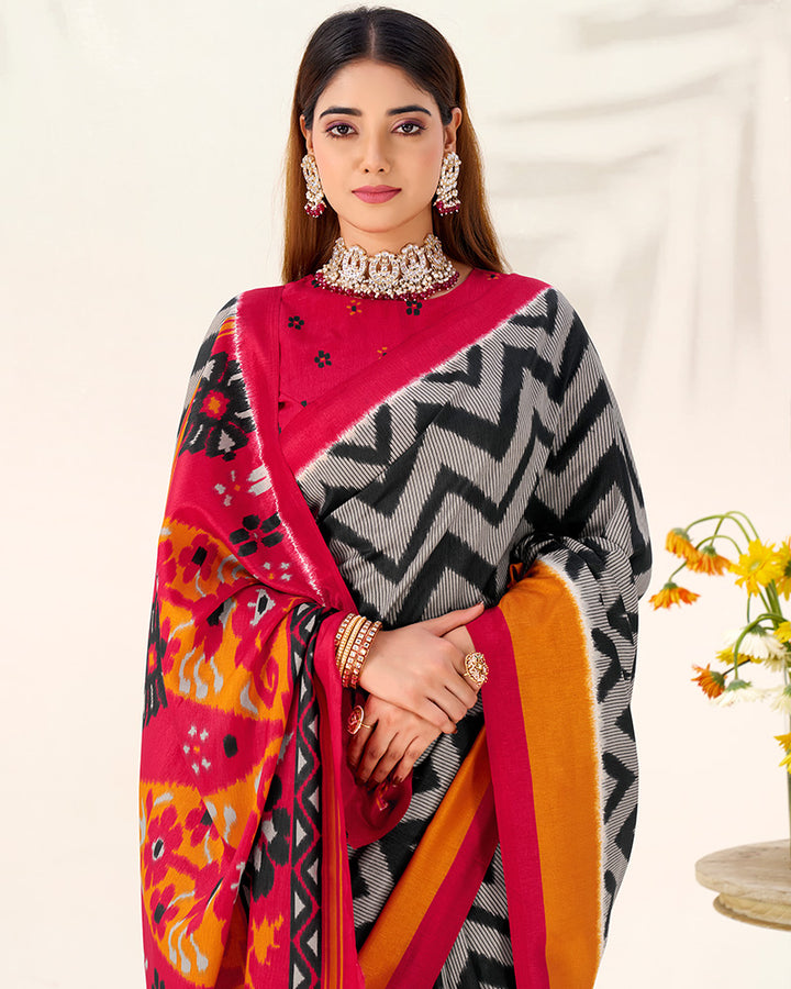 Black Color Tasar Silk Printed Saree