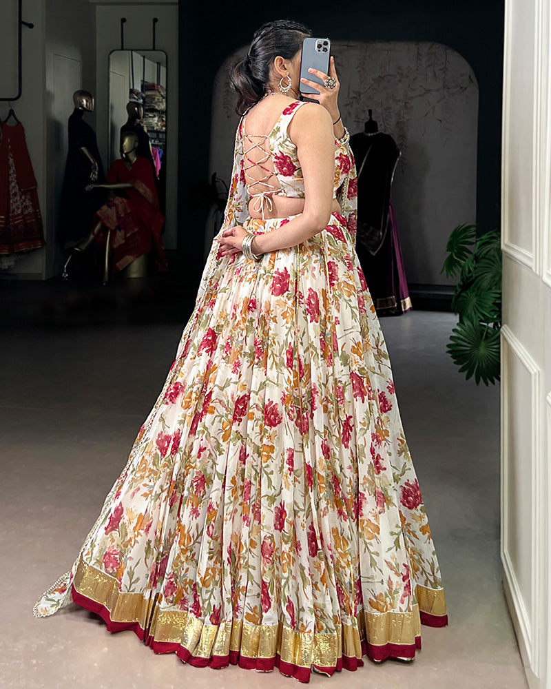 White Color Chiffon Printed Lehenga Choli