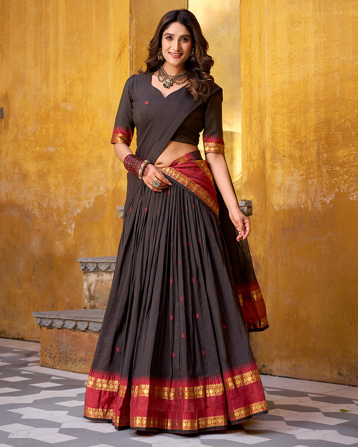 Elegant Black Pure Chanderi Half Saree With Zari Weaving