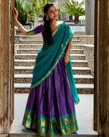 Cultural Purple and Green Color Poly Cotton Lehenga Chex Half Saree