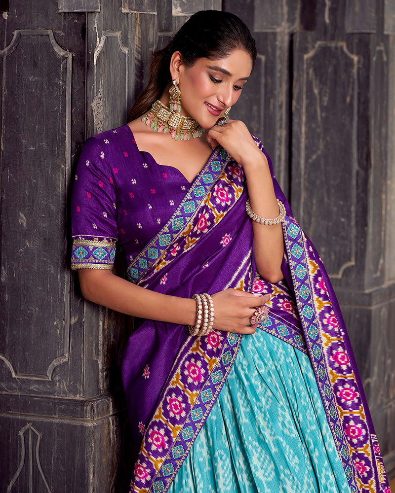 Sky Blue And Purple Ikkat Printed Tasar Silk Lehenga Choli