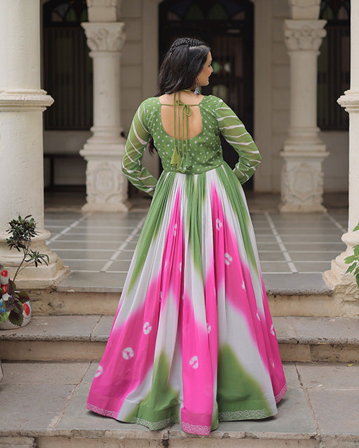 Green Color Faux Georgette Bandhej Print Navratri Gown