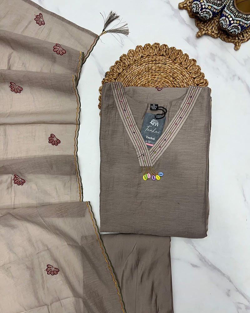 Chocolate Color Mal Cotton Three Piece Kurti Suit