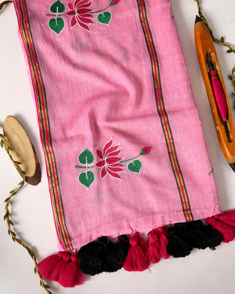 Pink Color Pure Mal Cotton Lotus Work Saree