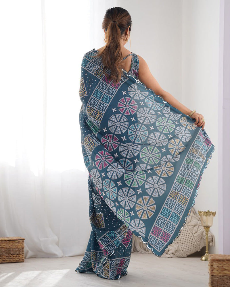 Navy Blue Color Chinnon Silk Saree