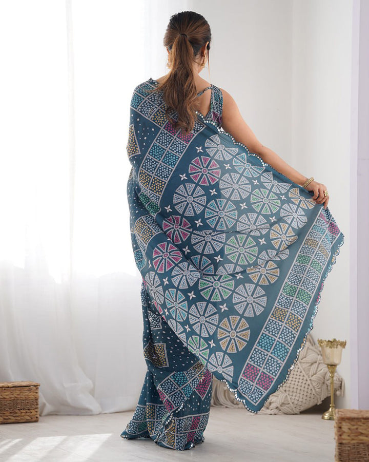 Navy Blue Color Chinnon Silk Saree