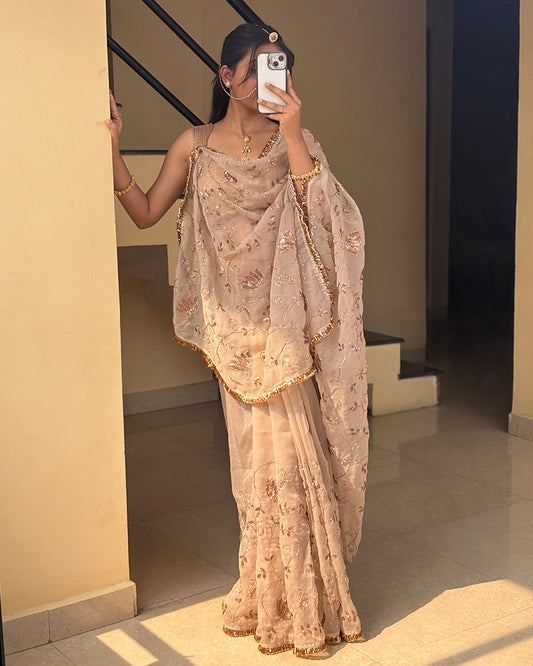 Cream Color Rose Gold Silk Beads Embroidered Saree