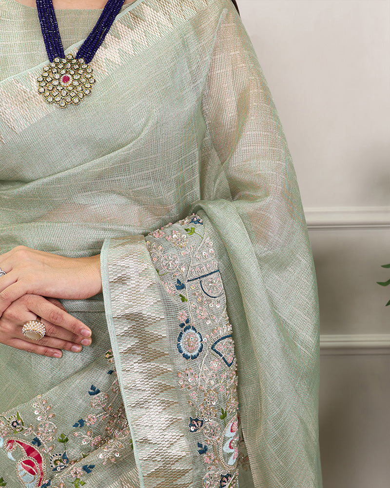 Sky Blue Color Embroidered Kota Tissue Saree