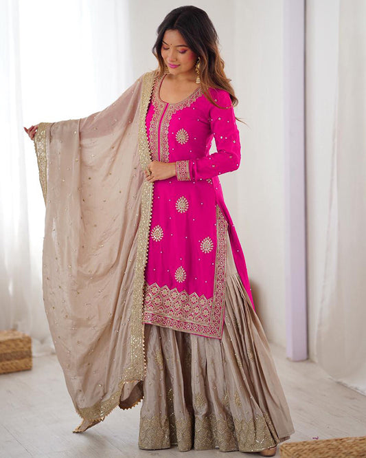 Pink Color Chinon Silk Embroidered Sharara Suit