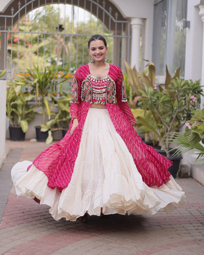 Three Color Bandhani Printed Kora Cotton Navratri Lehenga Choli