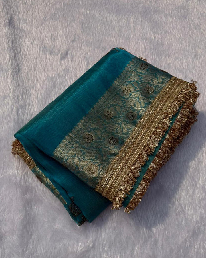 Premium Firozi Color Organza Tissue Silk Saree