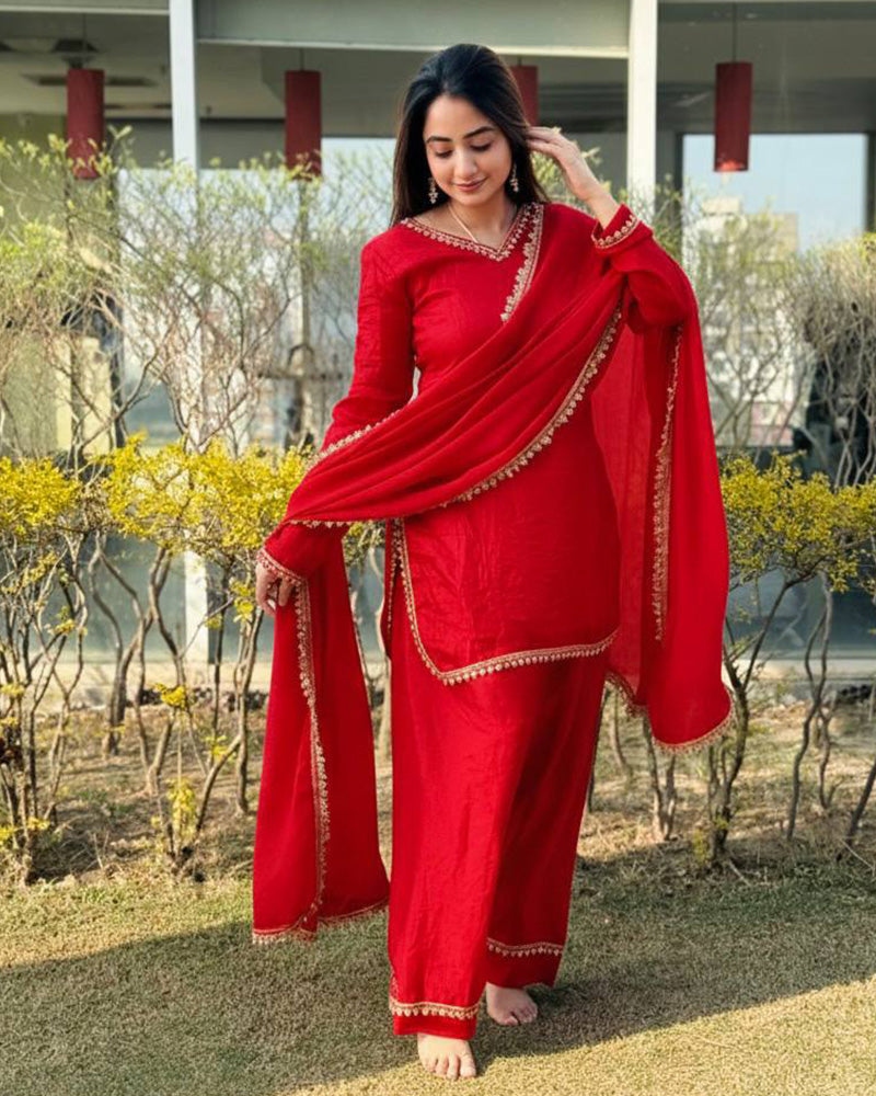 Red Color Fendi Satin Silk Kurti Suit