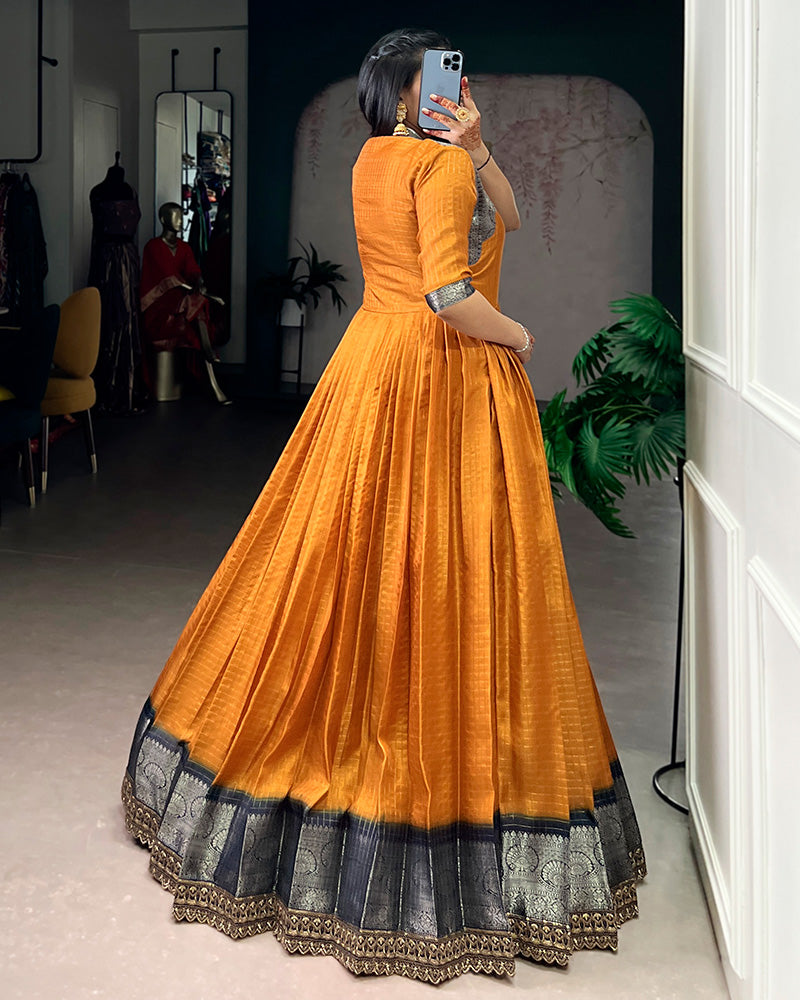 Mustard Color Dola Chex Zari Weaving Gown