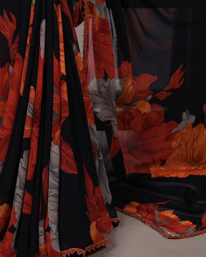 Rust Orange Color Weightless Marble Floral Printed Saree