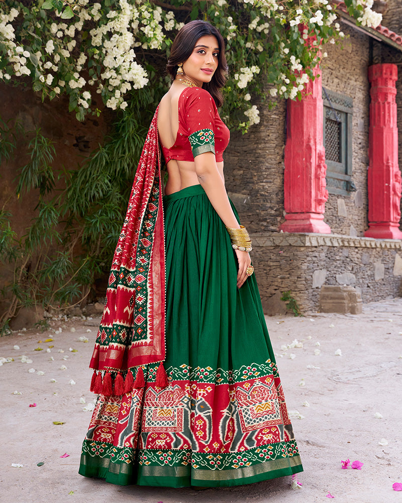 Designer Patola Printed Green Color Tussar Silk Lehenga Choli