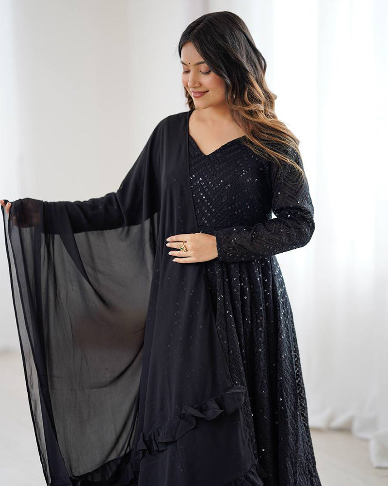 Black Color Georgette Lucknowi Three Piece Anarkali Suit