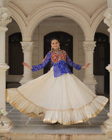 Vibrant Gamthi Work Blue Kediya With Off-White Traditional Lehenga